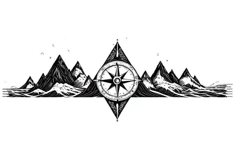 large compass surrounded by intricate geometric mountains and waves, black and white, add triangle frame tattoo design idea