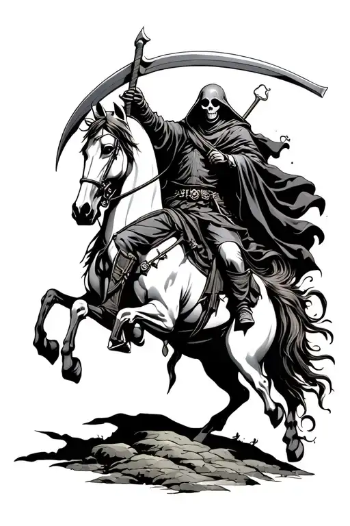 grim reaper with scythe on a pale horse tattoo design idea