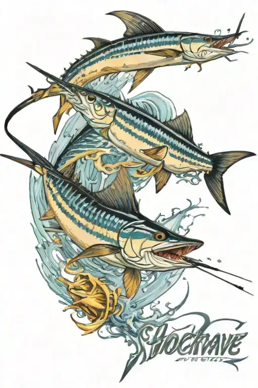single Striped Marlin jumping with rod and reel intertwined, with boat name "ShockWave" in clear text tattoo design idea