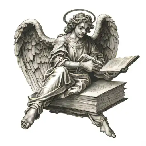 renaissance angel reaching for a book that has the universe on the front tattoo design idea