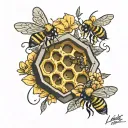 bee hive with 3 bees flying tattoo design idea