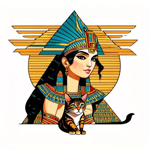 woman with egyptian cat in the pyramids of life tattoo design idea