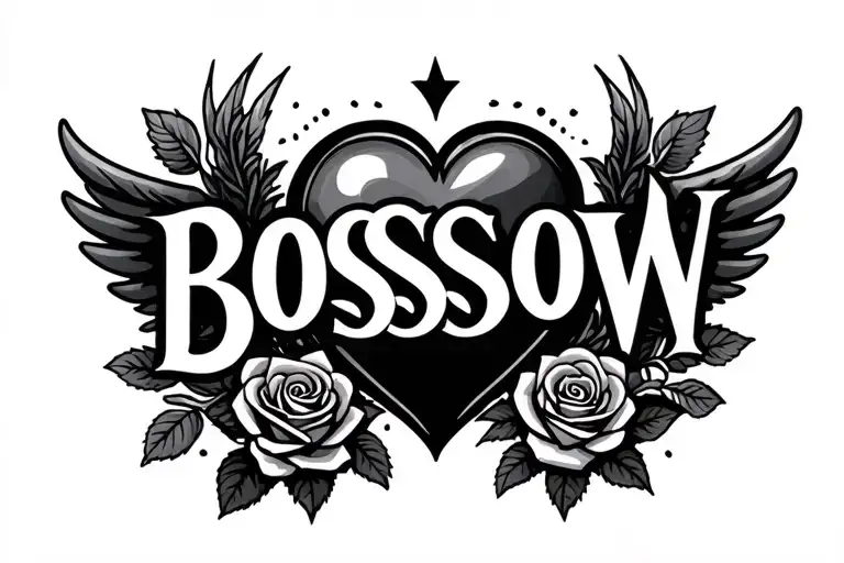 "BOSSOW" roses and text has to be horizontal Winged heart tattoo design idea