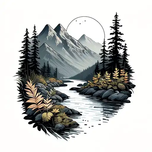 mountains valley tattoo featuring river and plants in foreground tattoo design idea