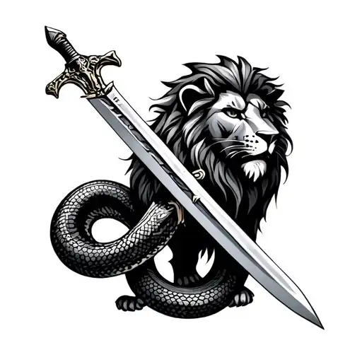 lion, snake, gladiator swords crossed tattoo design idea
