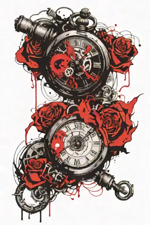 Drawing two pocket watches, one with hands pointing to 00:49 and Gwendoline's mark, and the other 3:01 and Gregory's mark. tattoo design idea
