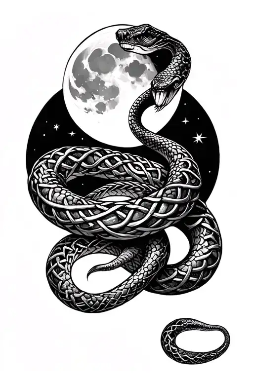 snake with Celtic knots as scales with moon in background tattoo design idea