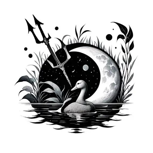 minimalist Mandelbrot set with a trident, a duck, the night sky, moon, and aquatic plants tattoo design idea