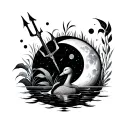 minimalist Mandelbrot set with a trident, a duck, the night sky, moon, and aquatic plants tattoo design idea
