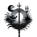 minimalist Mandelbrot set with a trident, a duck, the night sky, moon, and aquatic plants tattoo design idea