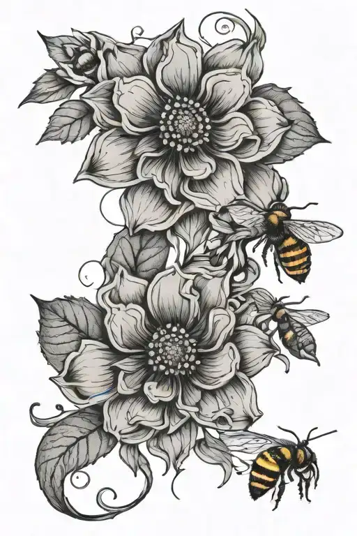 simple, fine line, delicate flower intertwined with bees and thorns tattoo design idea