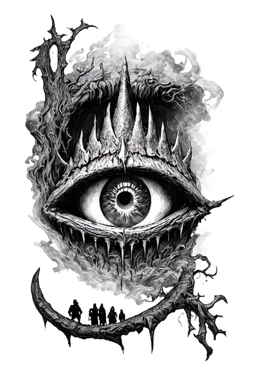 lord of the rings bag end and the eye of sauron and the fellowship walking and the ring tattoo design idea