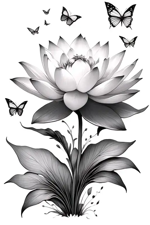 stages of a lotus bloom transitioning into butterflies scattering from the bloom in a trail tattoo design idea