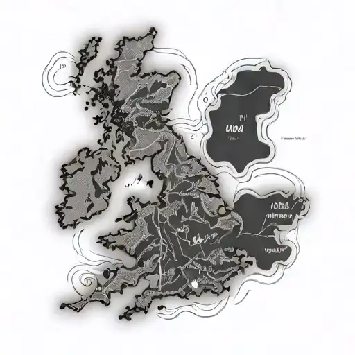 An outline of United Kingdom map with a line from Lands End to John o Groats tattoo design idea