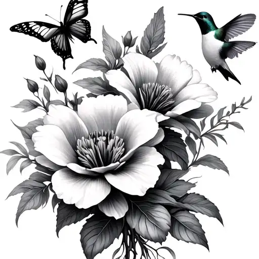 Lillies, Japanese anemone, and peonies with butterflies and hummingbirds  tattoo design idea