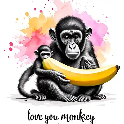 ""love you monkey"" mama monkey holding a banana and a baby monkey with watercolor splashes of color tattoo design idea
