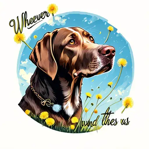 "Wherever the wind takes us " Weimaraner with dandelions blowing away in the wind tattoo design idea