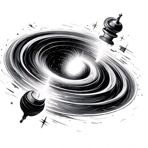 A black hole inside a spinning top, inception, space, time, clock tattoo design idea