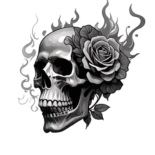 skull and roses with fire smoke  tattoo design idea