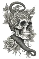 snake and skeleton and flowers tattoo design idea