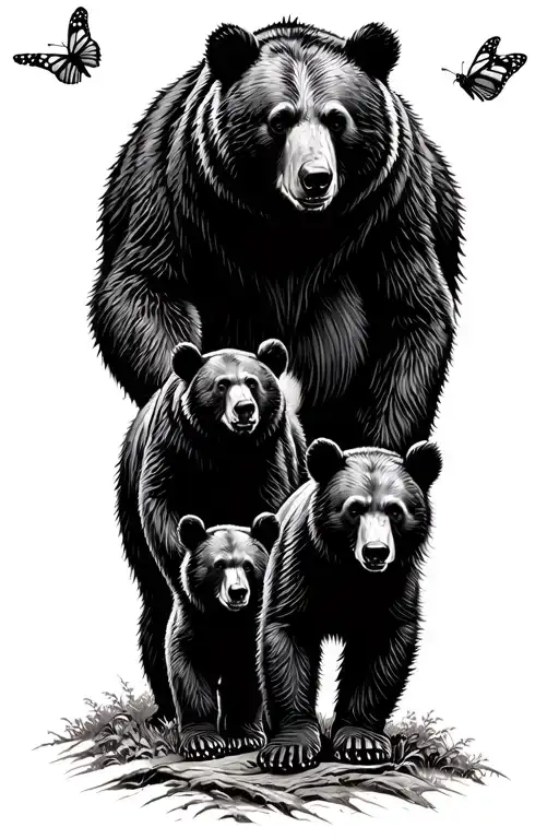 Papa bear and 3 black bear cubs and 2 monarch butterfly walking in the wilderness trees tattoo design idea