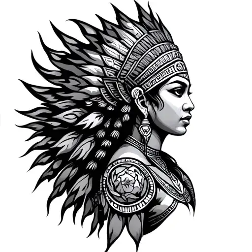 Aztec female goddess with flames surrounding side profile realism tattoo design idea