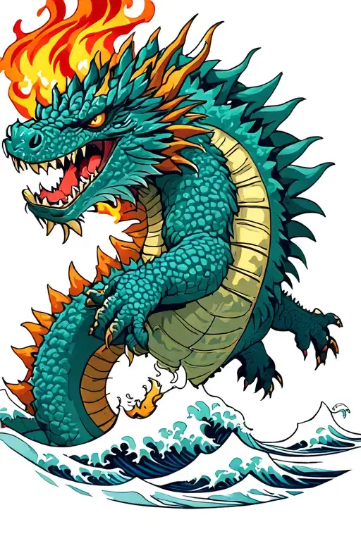 japanese dragon with godzilla head, fire and japanese waves tattoo design idea