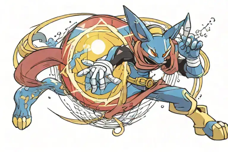 Lucario Pokemon sending the move Aura Sphere in a fight. Letters 'Lugario' should be written under with dark blue bold tattoo design idea