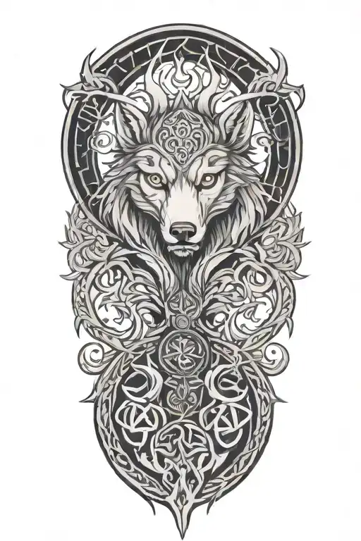 fenrir whit runes and snake, tree of life intertwined tattoo design idea