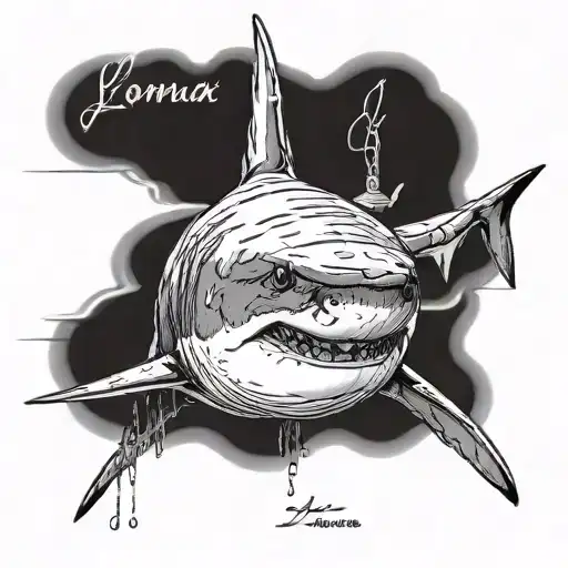 Great white Shark swimming with a cross and a inspirational sentence with the letters in my name Lomax tattoo design idea