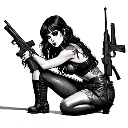 Draw me american trad pinup of a trad goth girl on her knees holding an ak47 (side view of the girl) tattoo design idea