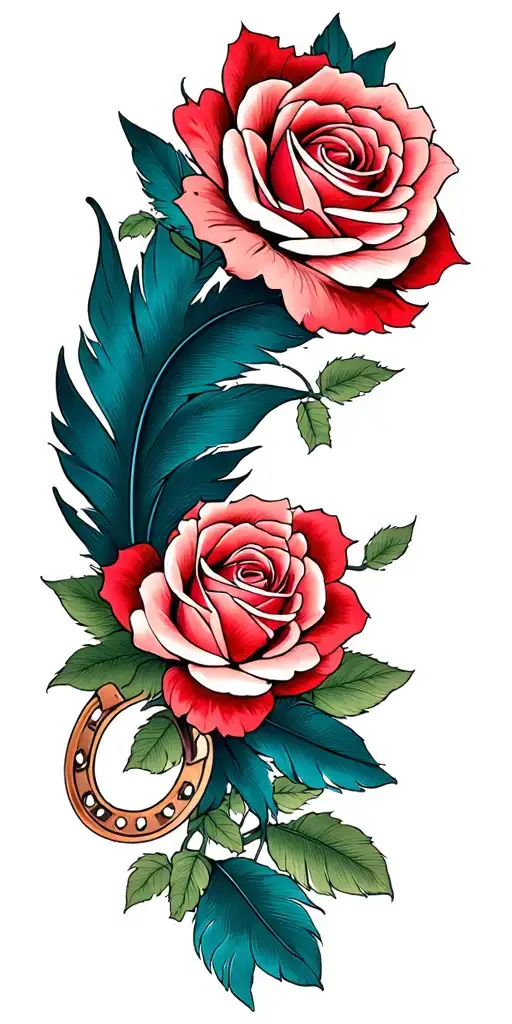 feathers horseshoe roses tattoo design idea