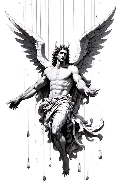 lucifer as an angel connected to puppet strings falling from the heavens tattoo design idea