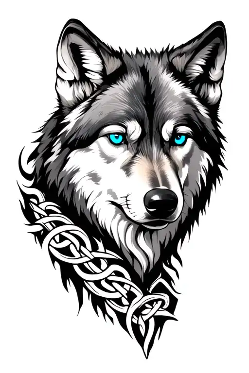 realistic wolf with blue eyes and celtic forearm sleeve tattoo design idea