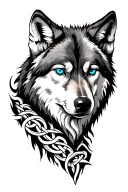 realistic wolf with blue eyes and celtic forearm sleeve tattoo design idea