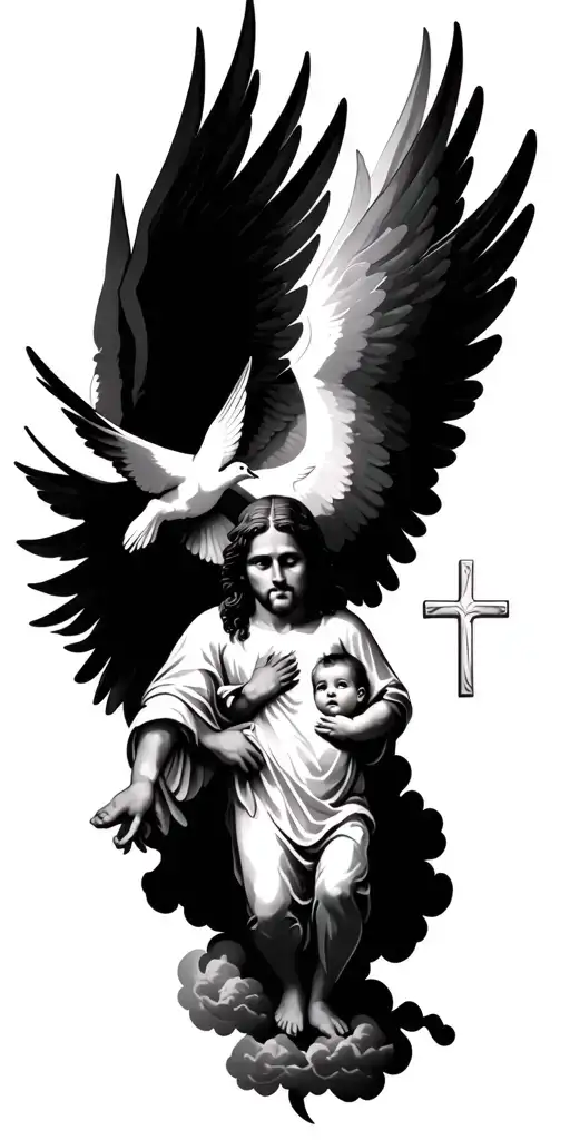 heaven Jesus Christ clouds doves baby angle with wings tattoo design idea