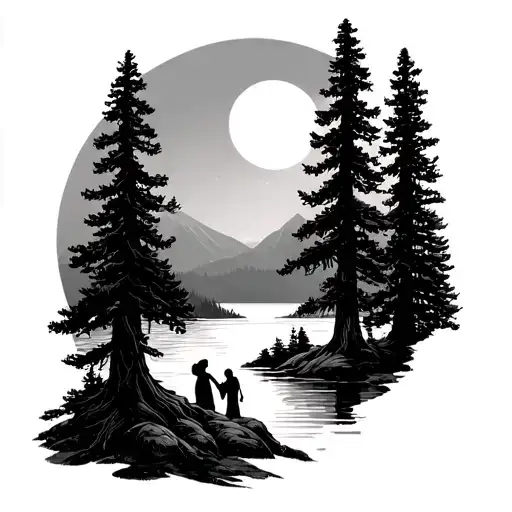3 redwood trees, sun, moon, husband, wife, 2 kids, coffee cup, lake, fine line tattoo design idea