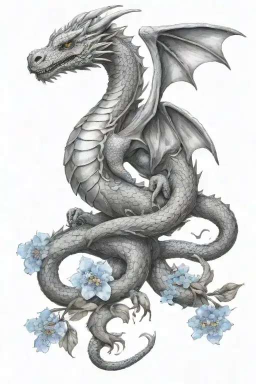 western dragon with forget me not flowers intertwined in grey scale tattoo design idea