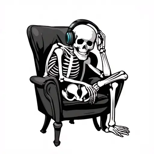 skeleton sitting on chair leaning forward listening to music on headphones, front/side pov cartoon tattoo design idea