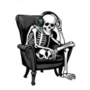 skeleton sitting on chair leaning forward listening to music on headphones, front/side pov cartoon tattoo design idea