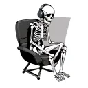 skeleton sitting on chair leaning forward listening to music on headphones, front/side pov cartoon tattoo design idea