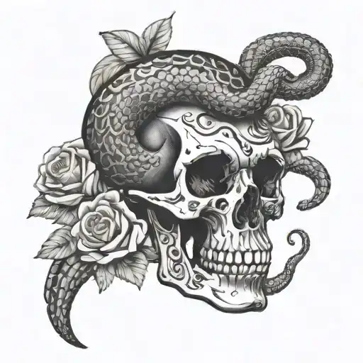 snake going through skull with flowers surrounding with astrology tattoo design idea