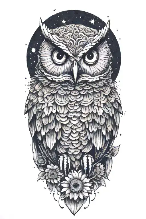 colorful owl with a chrysanthemum  flower, some green spots and starry background that has planets tattoo design idea