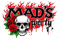 "Mad’s Property" skull and roses with flames in the background with old English lettering. tattoo design idea