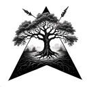 tree of life inside an open triangle with another arrow on top tattoo design idea