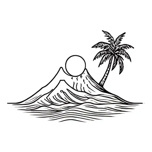 wave+volcano+palm tree+sun tattoo design idea