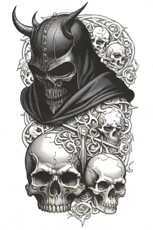 midevil knight surrounded by skulls tattoo design idea