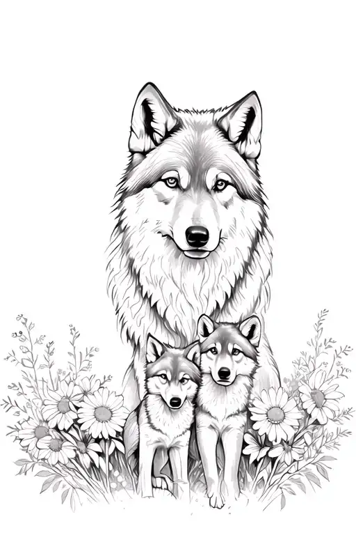 Wolf mother with two wolf cubs surrounded by wild flowers tattoo design idea