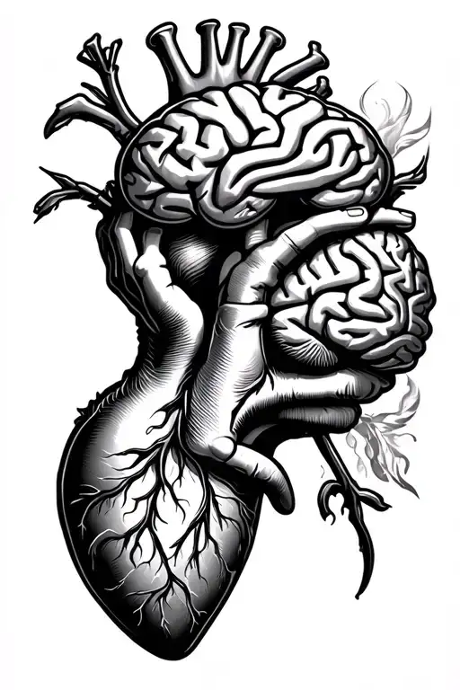 heart and brain with the thinker status Greek tattoo design idea