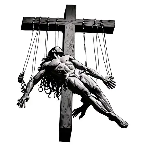 Marionette wooden cross at the top, with strings attached to a man suspended in the air, trying to break free. tattoo design idea